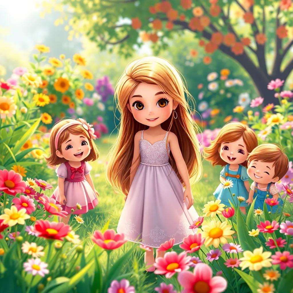 A beautiful young girl, Saly, with long, flowing hair in a lovely dress, surrounded by her siblings in a colorful garden, picking flowers and laughing, joyful scene, illustration, bright and colorful, high quality