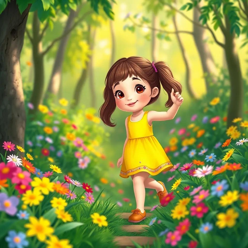 A young girl, Samantha, with brown hair in pigtails wearing a bright yellow dress, exploring a lush green forest filled with colorful flowers, illustration, vibrant colors, bright and cheerful atmosphere, high quality