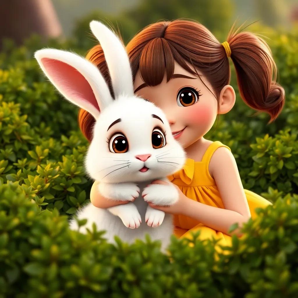 A fluffy white bunny with big eyes and soft fur, being rescued by Samantha, a young girl with brown hair in pigtails wearing a bright yellow dress, amongst green bushes, digital art, heartwarming scene, cheerful colors, warm lighting, high quality