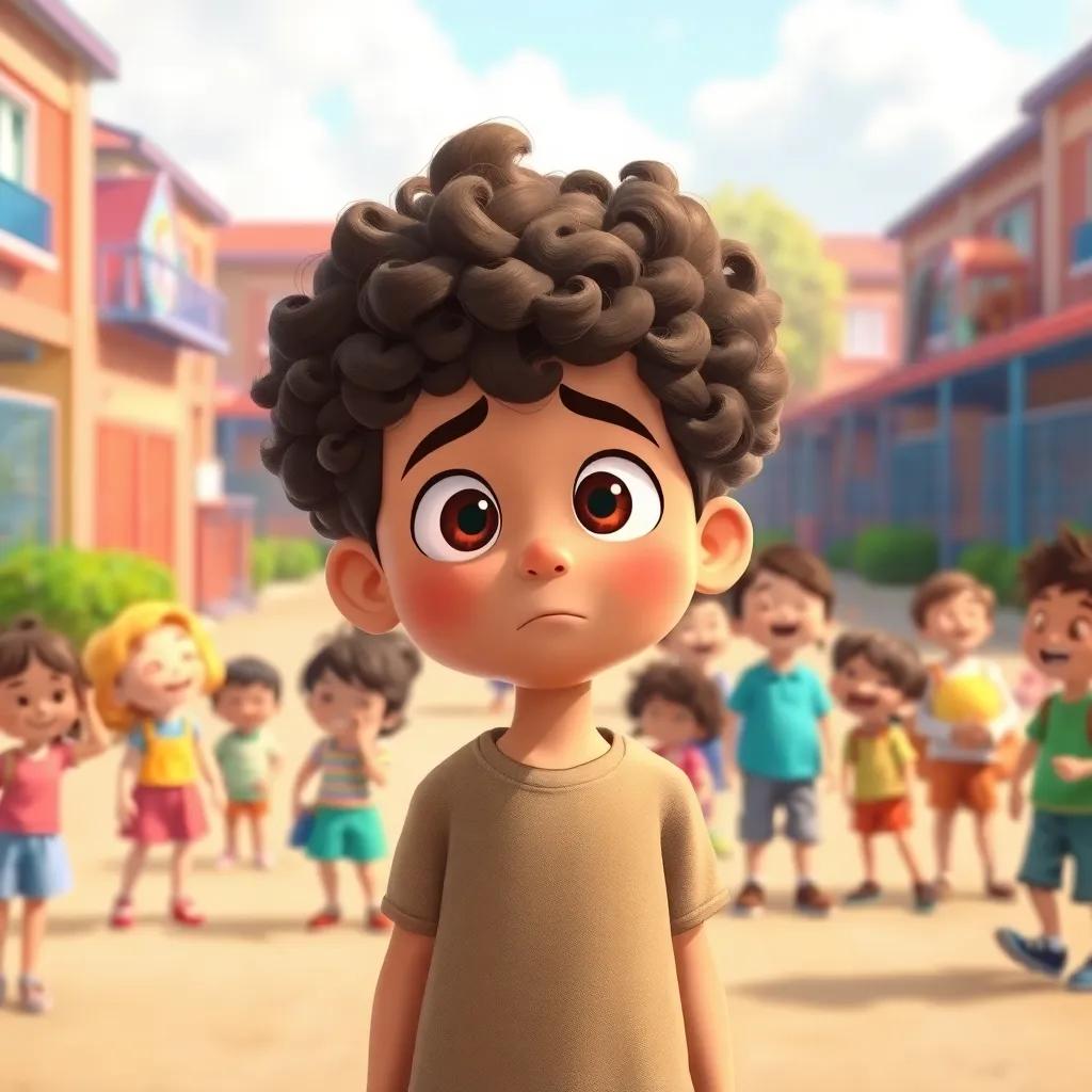 A young boy, Samer, with curly hair and bright eyes, standing alone in a schoolyard filled with other children laughing, feeling sad, sunny day, colorful playground, illustration, warm colors, emotional, child-friendly