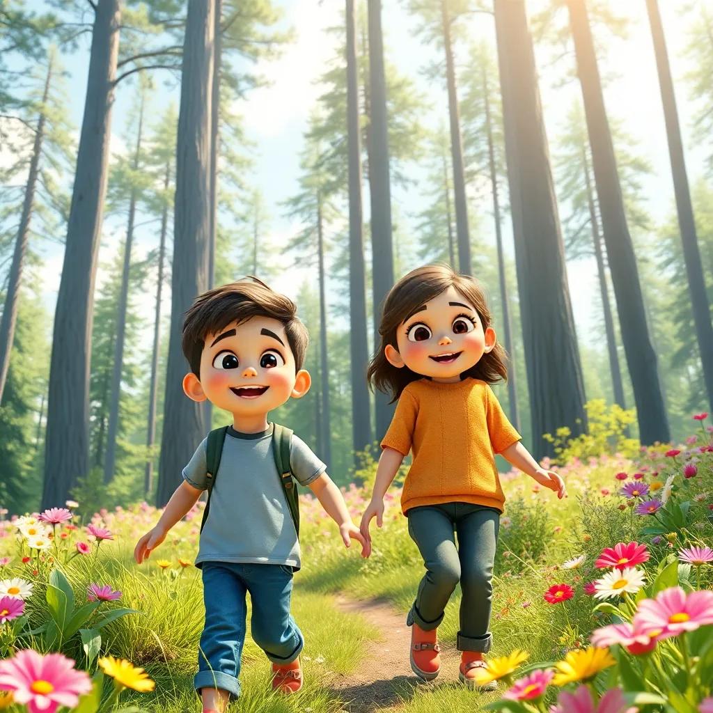 A sunny forest scene with two children, Sami and Layla, five years old, wearing casual clothes, smiling and looking excited as they walk among tall trees and colorful flowers, digital art, bright and cheerful atmosphere, vibrant colors, child-friendly, high quality