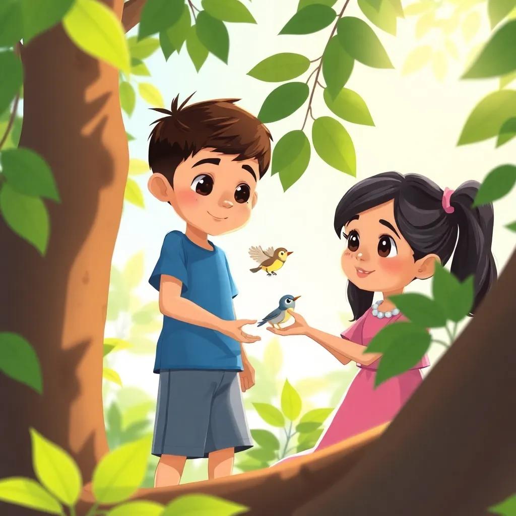 Sami, a five-year-old boy with short brown hair, wearing a blue t-shirt and shorts, and Layla, a five-year-old girl with long black hair in pigtails, wearing a pink dress, discover a small trapped bird between the branches, surrounded by green leaves and sunlight, illustration, heartwarming, vibrant, adventure-themed, child-friendly