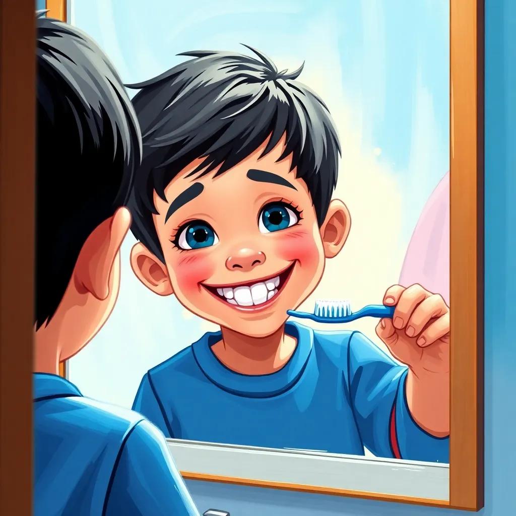 Sami, a young boy with short black hair, standing in front of a bathroom mirror brushing his teeth with a big grin, wearing a blue shirt. Digital art, child-friendly, bright and colorful, cheerful atmosphere, playful lighting.