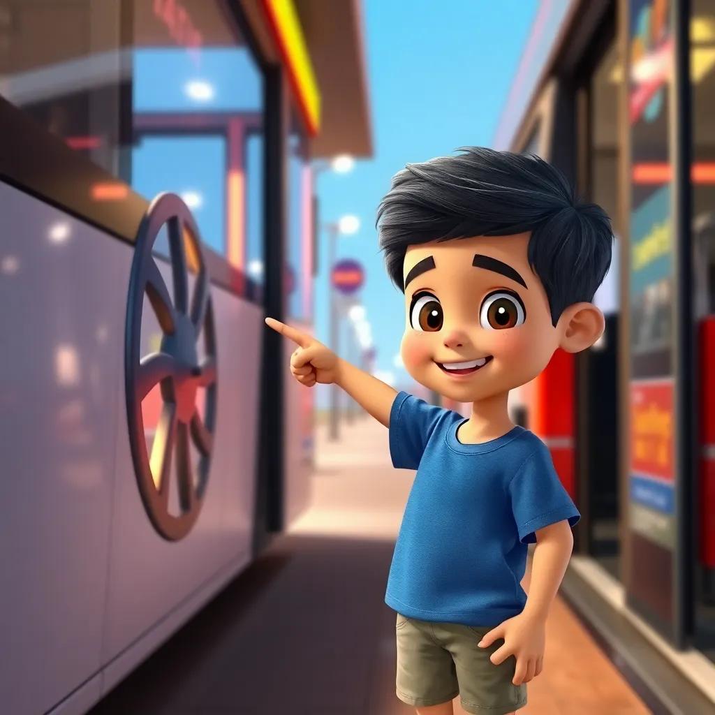 A young Arab boy, Sami, with short black hair, wearing a blue t-shirt and shorts, standing excitedly at a bus stop, pointing at a big bus wheel, cheerful atmosphere, digital art, bright colors, inviting scene, high quality