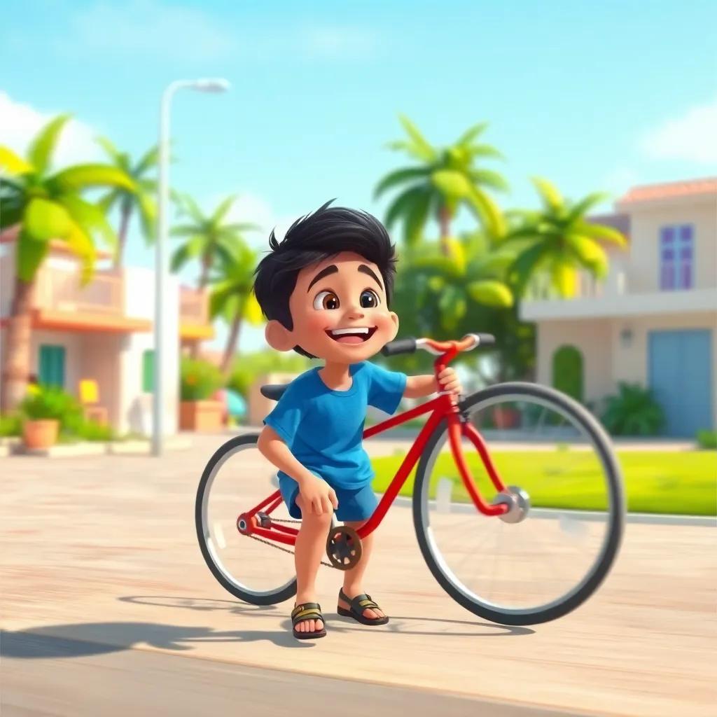 A young Arab boy, Sami, with short black hair, wearing a blue t-shirt and shorts, laughing as he watches a bicycle zoom by with two spinning wheels, in a lively environment, illustration, bright day, playful colors, engaging view, high quality