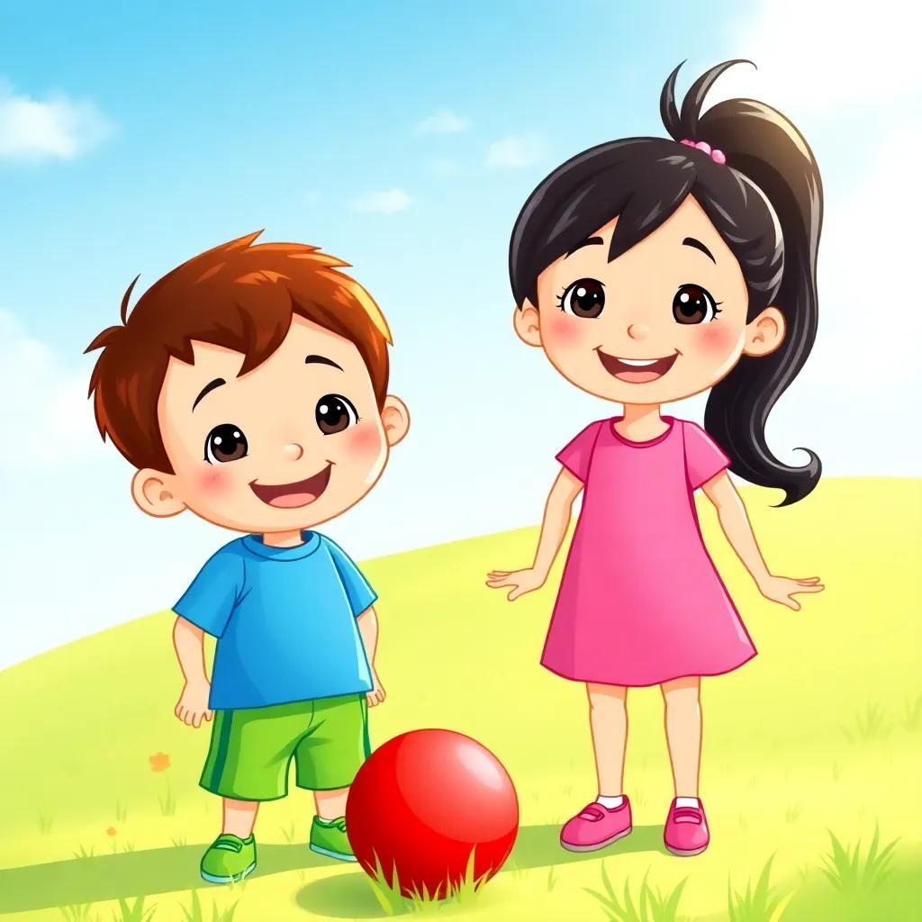 Two young children, Sammy and Mia, with smiling faces, wearing brightly colored clothes, standing in a sunny park with a bright red ball. Sammy has short brown hair and is wearing a blue t-shirt and green shorts. Mia has long black hair in a ponytail, wearing a pink dress. The scene is vibrant, cheerful, with green grass and blue sky, digital art, warm light, child-friendly, high quality.