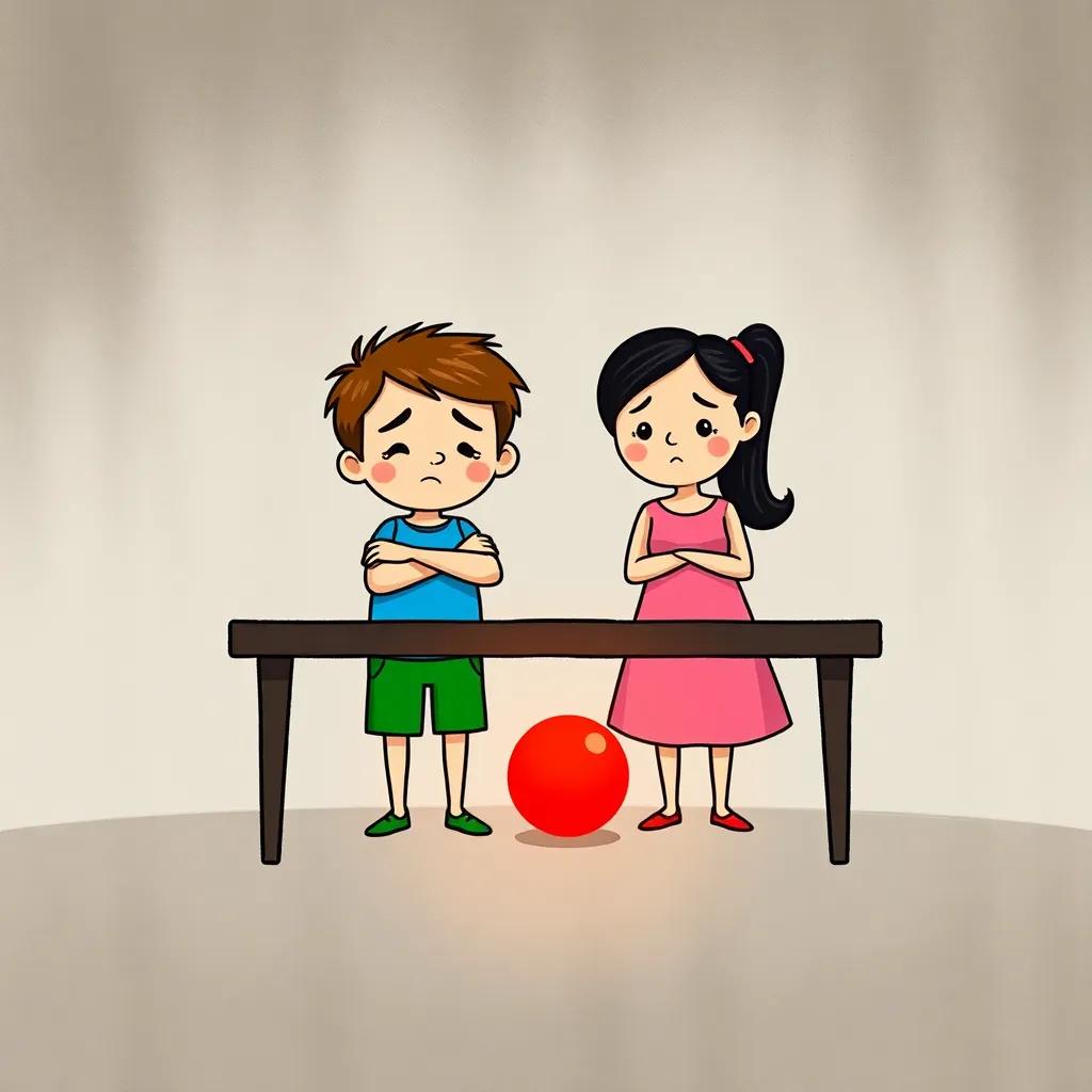 Sammy and Mia, looking sad, standing with their arms crossed, in front of a table where a bright red ball has rolled underneath. Sammy has short brown hair, blue t-shirt, green shorts. Mia has long black hair in a ponytail, pink dress. The atmosphere feels a bit gloomy but hopeful, cartoon style, simple colors, engaging, child-friendly.