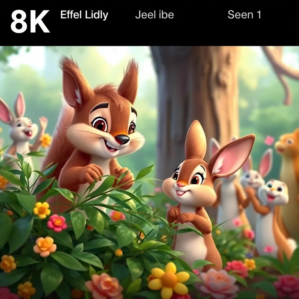 Sammy the squirrel helping Bella the bunny, a cute brown bunny with long ears, caught in a bush, Sammy pushing the branches aside with a determined expression, surrounded by cheering animal friends in a lively forest background, lively scene, bright and colorful, high quality