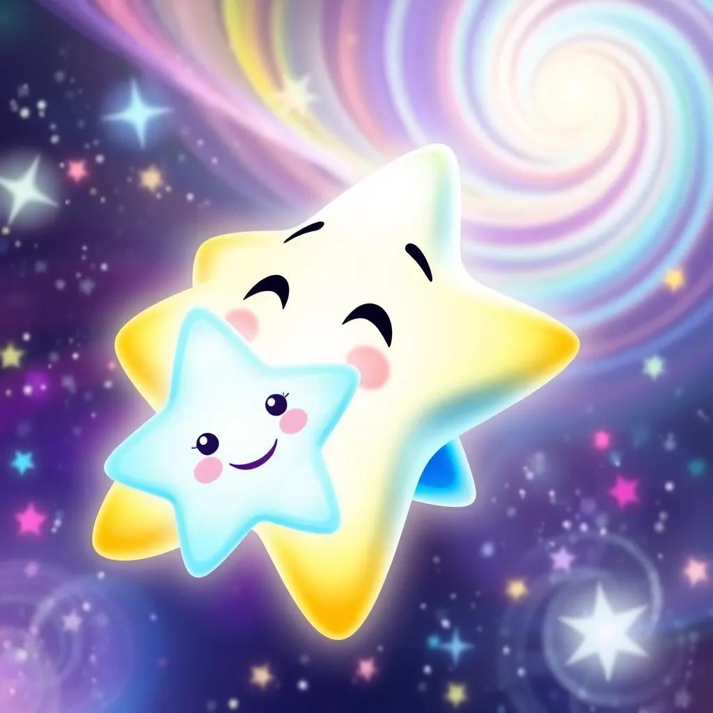 Spika, a brilliant blue star, glowing brightly and smiling at Sammy, with a colorful backdrop of swirling galaxies, whimsical style, bright colors, enchanting