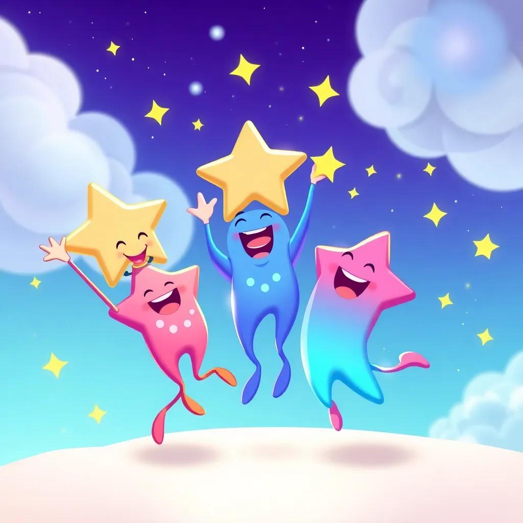 A group of playful stars, the Celestial Twirlers, dancing and laughing in the sky, colorful and sparkling, cheerful illustration, vibrant colors, dynamic movement