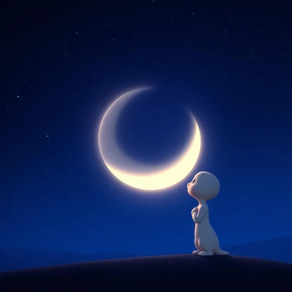 Luna, the crescent moon, radiating a soft, gentle light while talking to Sammy, set against a backdrop of dark blue night sky with twinkling stars, peaceful atmosphere, warm tones