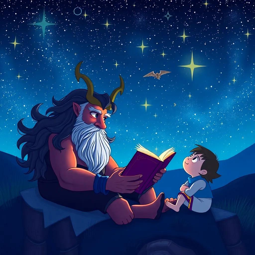Orion, the great hunter, with a strong presence, surrounded by stars, telling stories to Sammy under a starry sky, bold illustration, captivating colors, inspirational