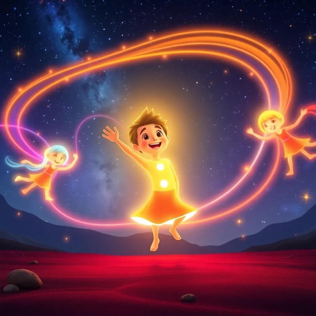 Sammy glowing brighter as he dances with the Celestial Twirlers, colorful trails of light following them against a breathtaking night sky, lively digital art, joyful colors, high energy