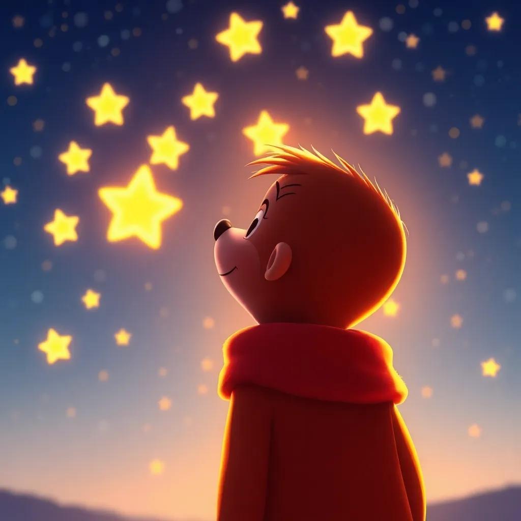 Sammy looking back at his friends twinkling in the night sky, with a radiant glow of pride and joy reflected on his face, heartwarming scene, bright colors, uplifting atmosphere