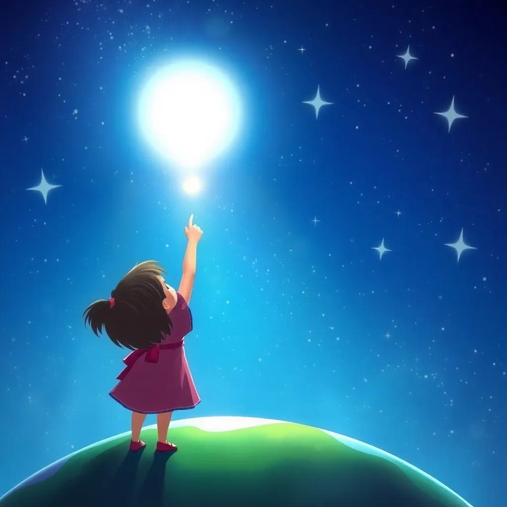 A little girl on Earth pointing up at the sky, amazed by Sammy's bright light, with twinkling stars and a beautiful night background, magical illustration, sparkling colors, wonderment