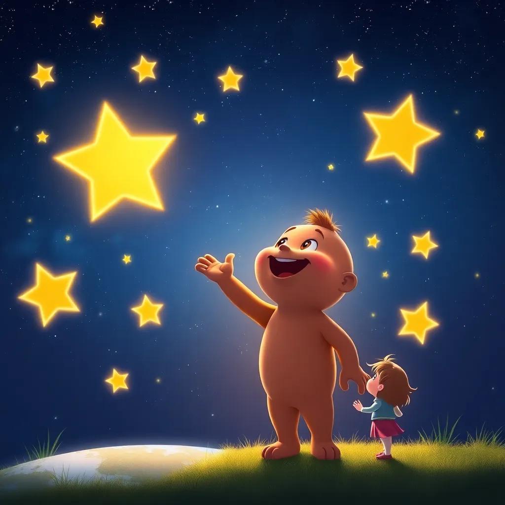 Sammy now shining boldly in the night sky, surrounded by other stars, with the world below and children admiring his glow, inspiring digital art, rich colors, uplifting mood