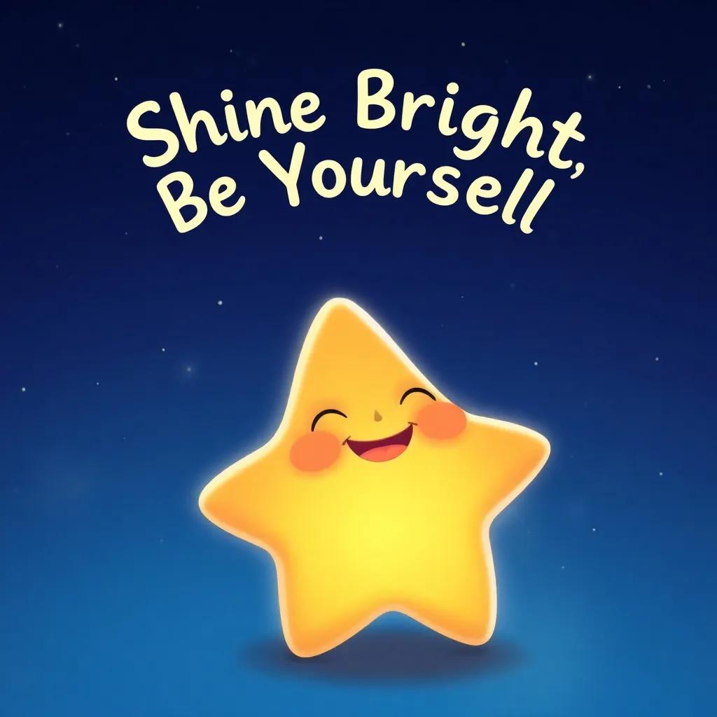 Sammy, the star, glowing brightly and smiling, with the words 'Shine Bright, Be Yourself' written in the night sky, heartwarming illustration, vibrant colors, motivational