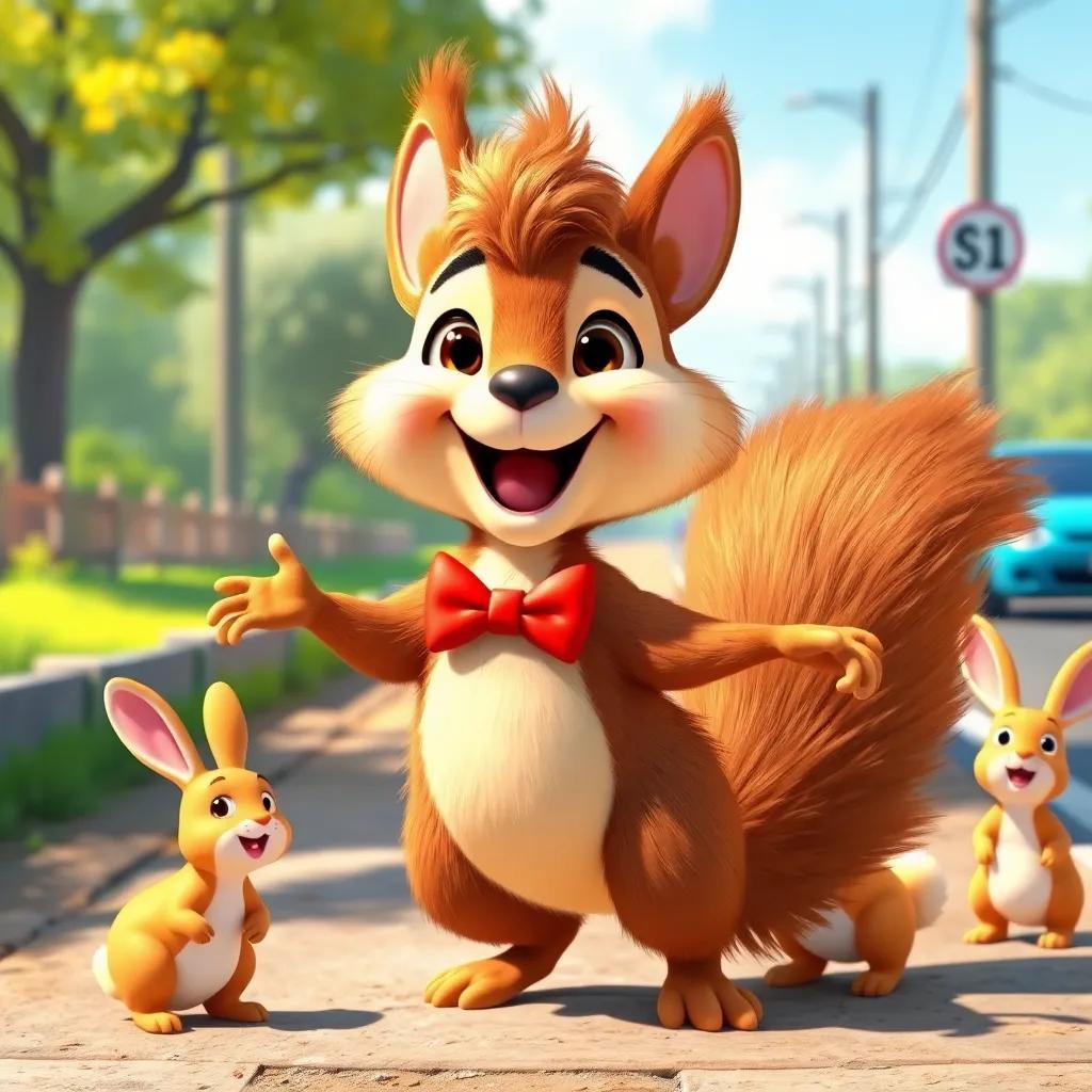A cheerful squirrel named Sammy, with fluffy brown fur and a bright red bow tie, happily dancing near a busy road, surrounded by curious rabbits, bright day, playful atmosphere, bright colors, cartoon style