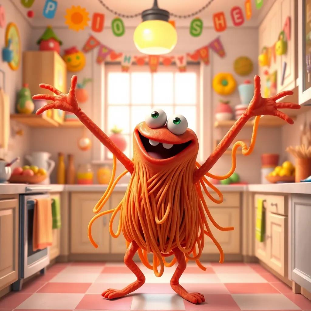 A joyful spaghetti monster named Sammy with long wiggly spaghetti arms, dancing in a bright kitchen full of colorful decorations, digital art, cheerful colors, warm atmosphere, high quality