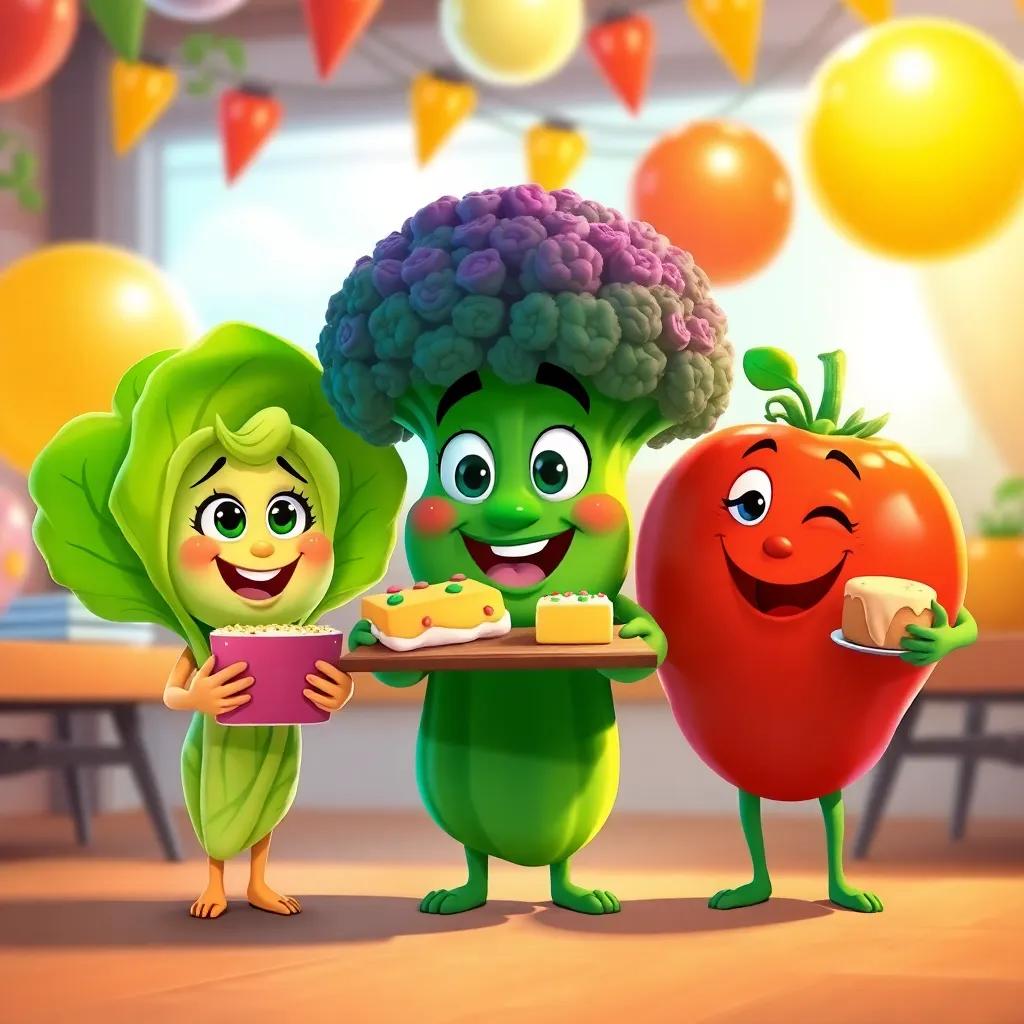 A group of friendly vegetable characters: Lucy the Lettuce, Benny the Broccoli, and Tommy the Tomato smiling and bringing treats to a party, cartoon style, fun colors, lively atmosphere, high quality