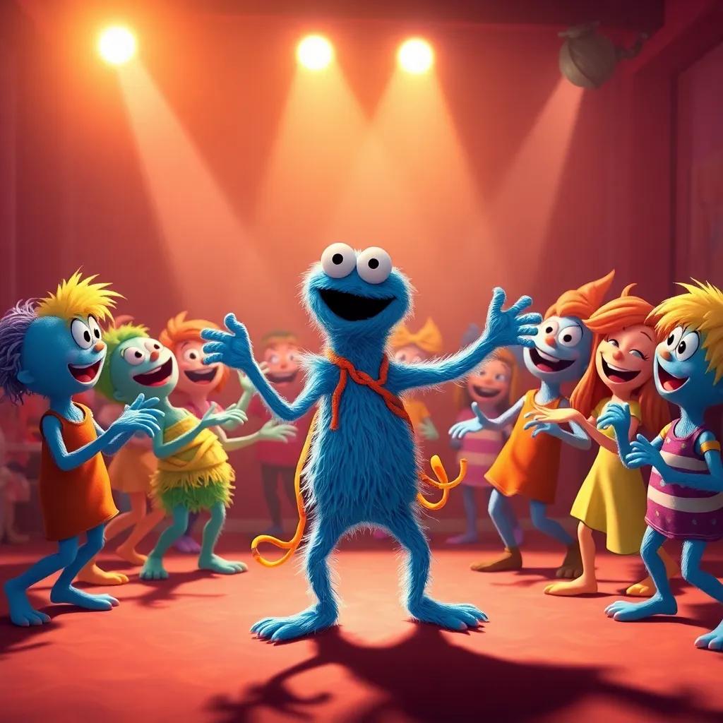 Sammy the Spaghetti Monster leading a dance with his friends in a circle, all characters laughing and enjoying music under shining lights, dynamic and cheerful, bright colors, high quality
