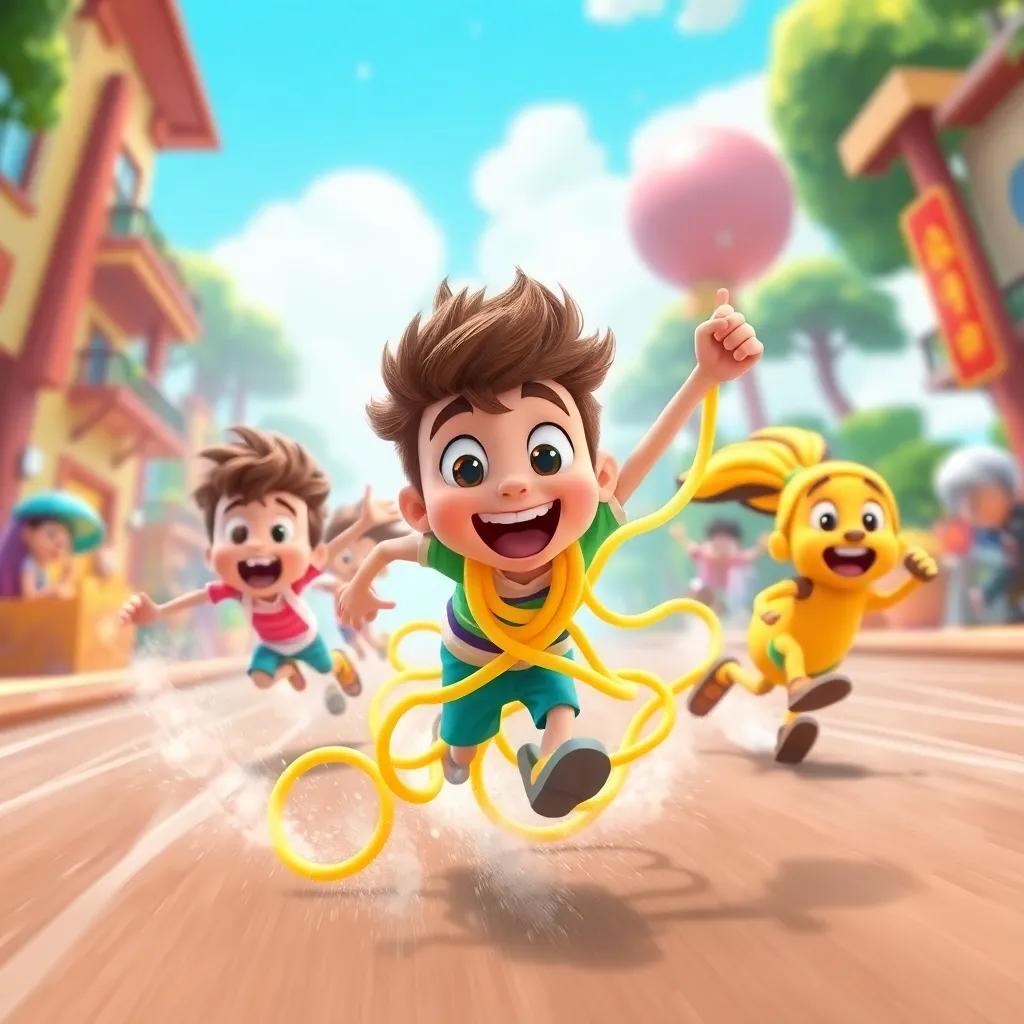 A fun noodle race between Sammy and his friends, full of energy and excitement, characters having a blast in a vibrant setting, playful design, high quality