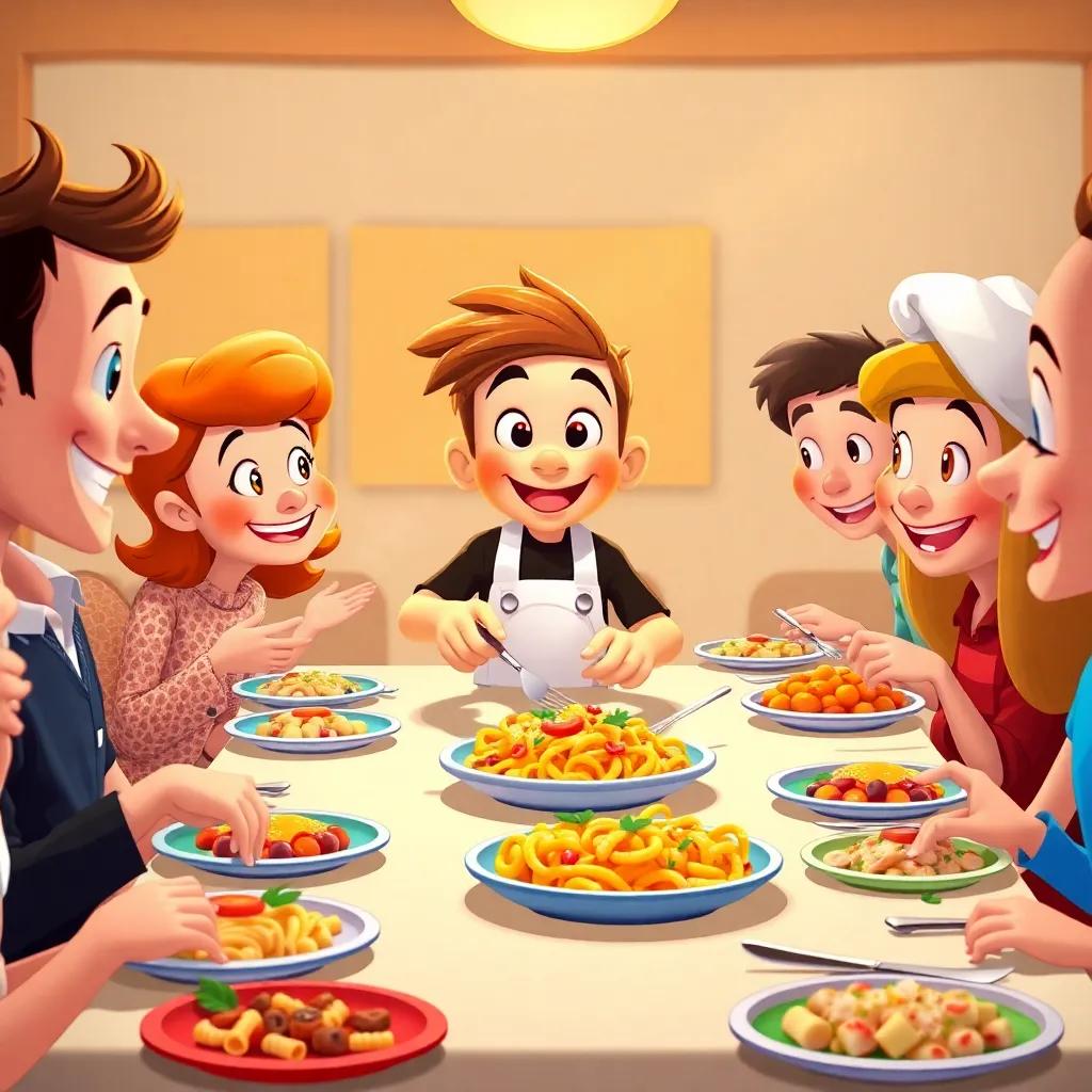 Sammy serving a delicious table of pasta to his friends, everyone enjoying the feast with happy expressions, colorful plates and dishes, warm light, high quality