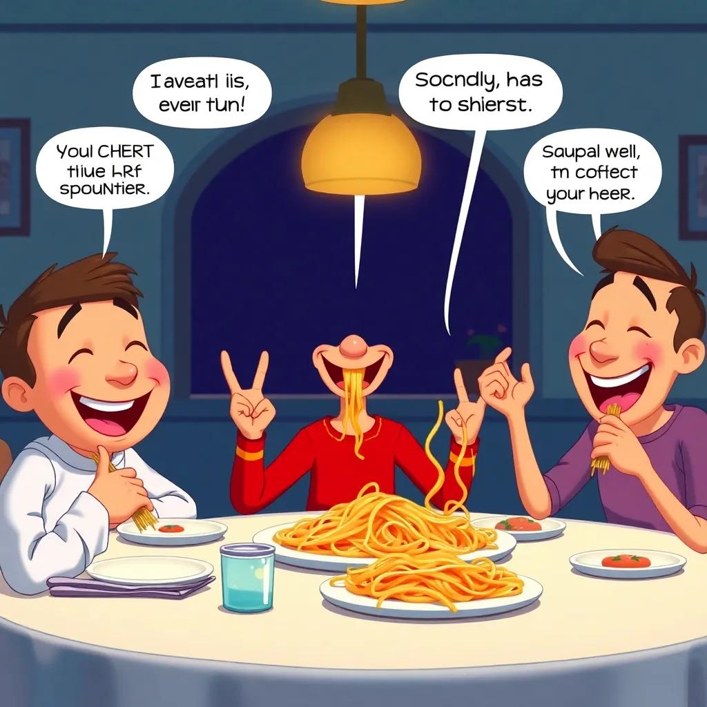 Sammy making his friends laugh with funny spaghetti jokes at the table, creating a joyful atmosphere with smiles and laughter, a cozy dinner scene, bright colors, high quality