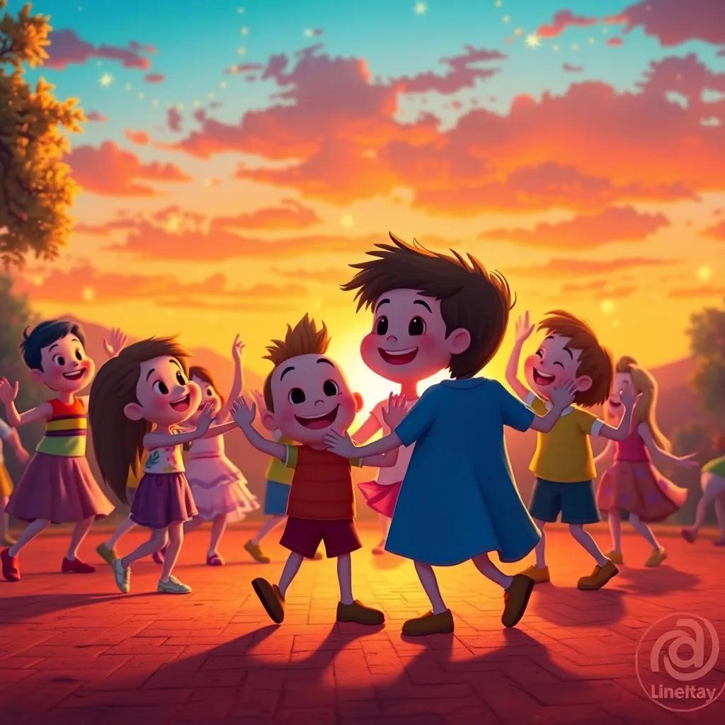 A sunset scene of Sammy and his friends dancing in a big circle, celebrating together with joy and twinkling lights, warm and inviting, charming style, high quality