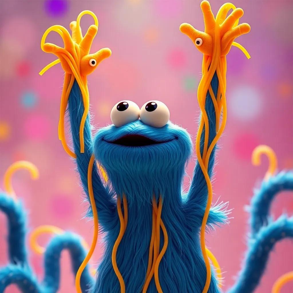 Sammy the Spaghetti Monster, with his wiggly spaghetti arms raised triumphantly, looking at his friends with happiness, capturing the spirit of friendship, colorful background, high quality