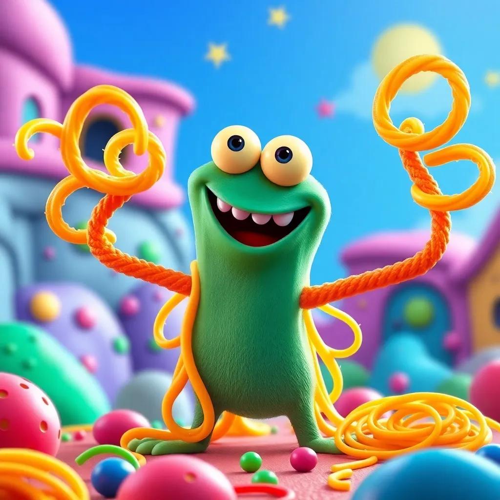 A spaghetti monster named Sammy with twirly noodle arms and a big cheesy smile in a colorful noodle land, digital art, vibrant and cheerful, joyful atmosphere, high quality