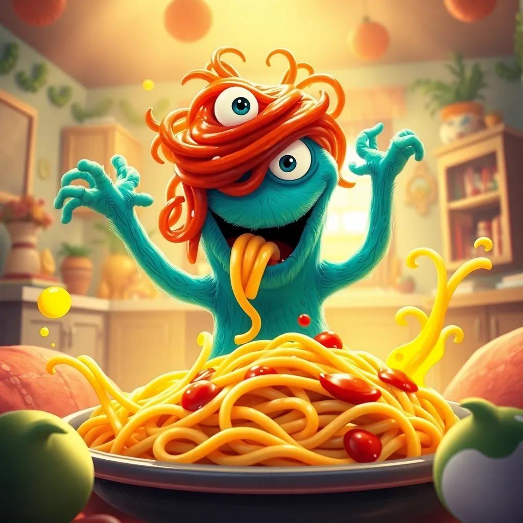 Sammy the spaghetti monster in his decorated home with colorful pasta twirls and bright sauce splashes, garlic aroma wafting through the air, digital illustration, warm light, inviting setting, high quality