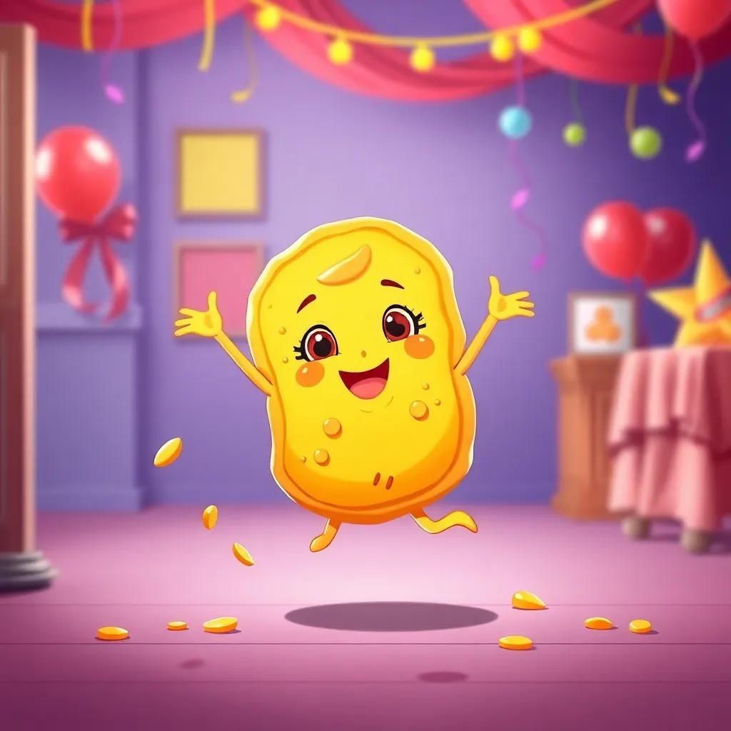 Bella the Buttered Biscuit, golden and fluffy with a crispy edge, dancing into Sammy's party leaving crumbs, digital art, playful and cheerful, bright colors, high quality