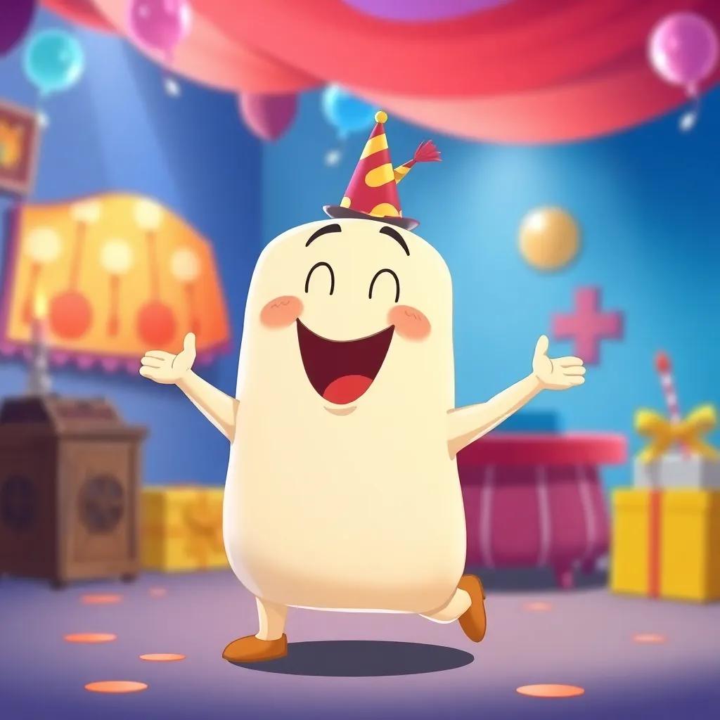 Tommy the Talkative Tofu, bouncy with a tiny top hat, entering Sammy's party, excited expression, fun illustration style, vibrant colors, joyful atmosphere, high quality