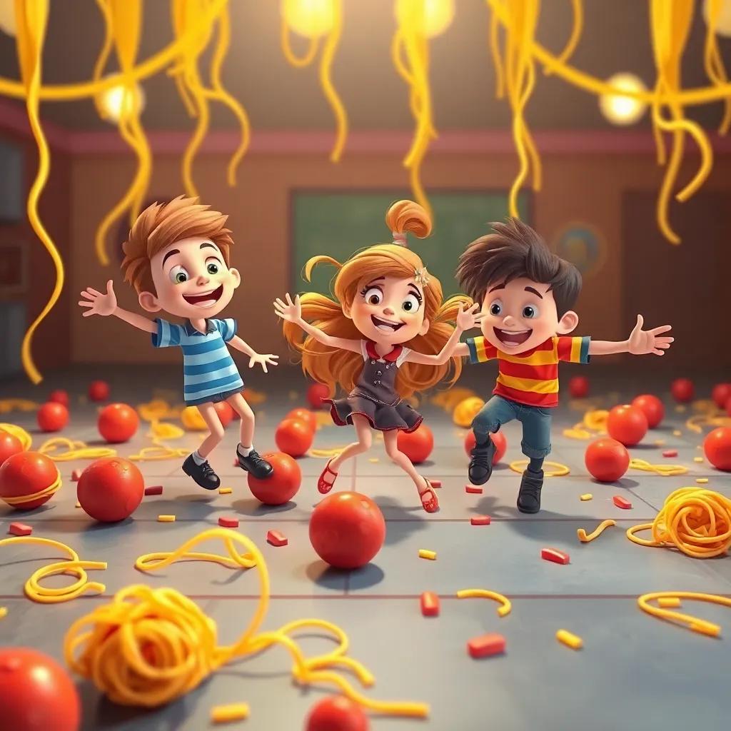 A group of friends including Sammy, Bella, and Tommy dancing on a dance floor made of bouncing meatballs and swinging spaghetti strands, digital art, colorful, energetic, child-friendly