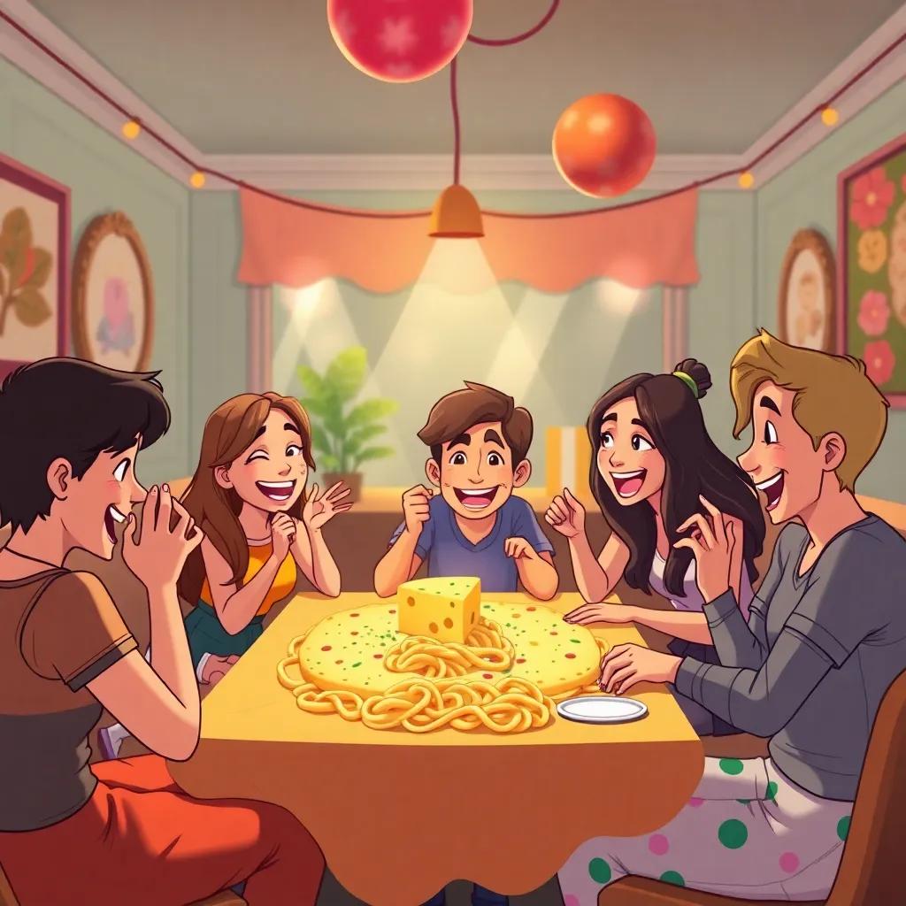 Friends playing ‘Pin the Cheese on the Pasta’ game at the party, laughter-filled room, fun cartoon style, vibrant colors, whimsical ambiance, high quality