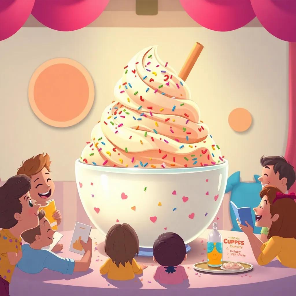 A giant bowl of ice cream with rainbow sprinkles, surrounded by happy friends sharing stories at the party, digital illustration, colorful, joyful and heartwarming, high quality