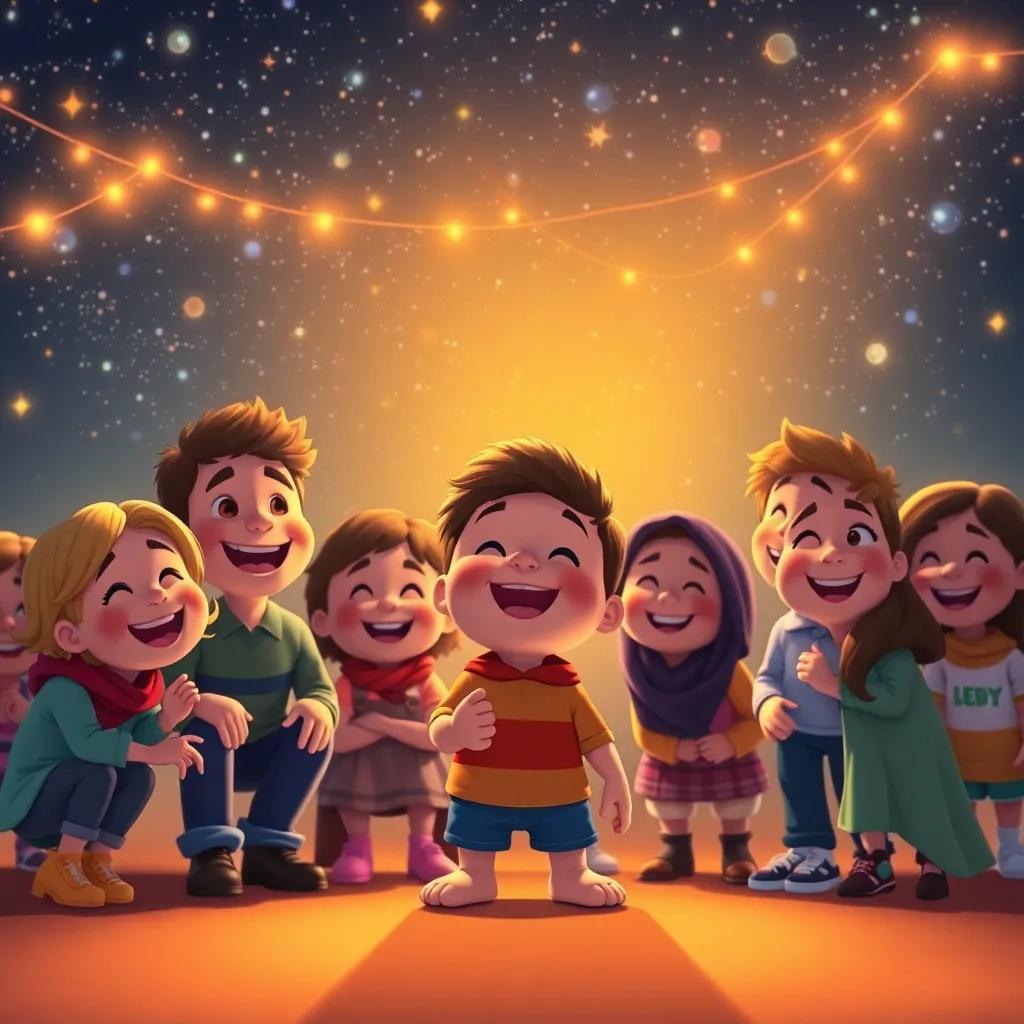 Sammy, with all his friends at the end of the party, joyful smiles all around under the starry noodle sky, digital art, vibrant and warm atmosphere, heartwarming scene, high quality