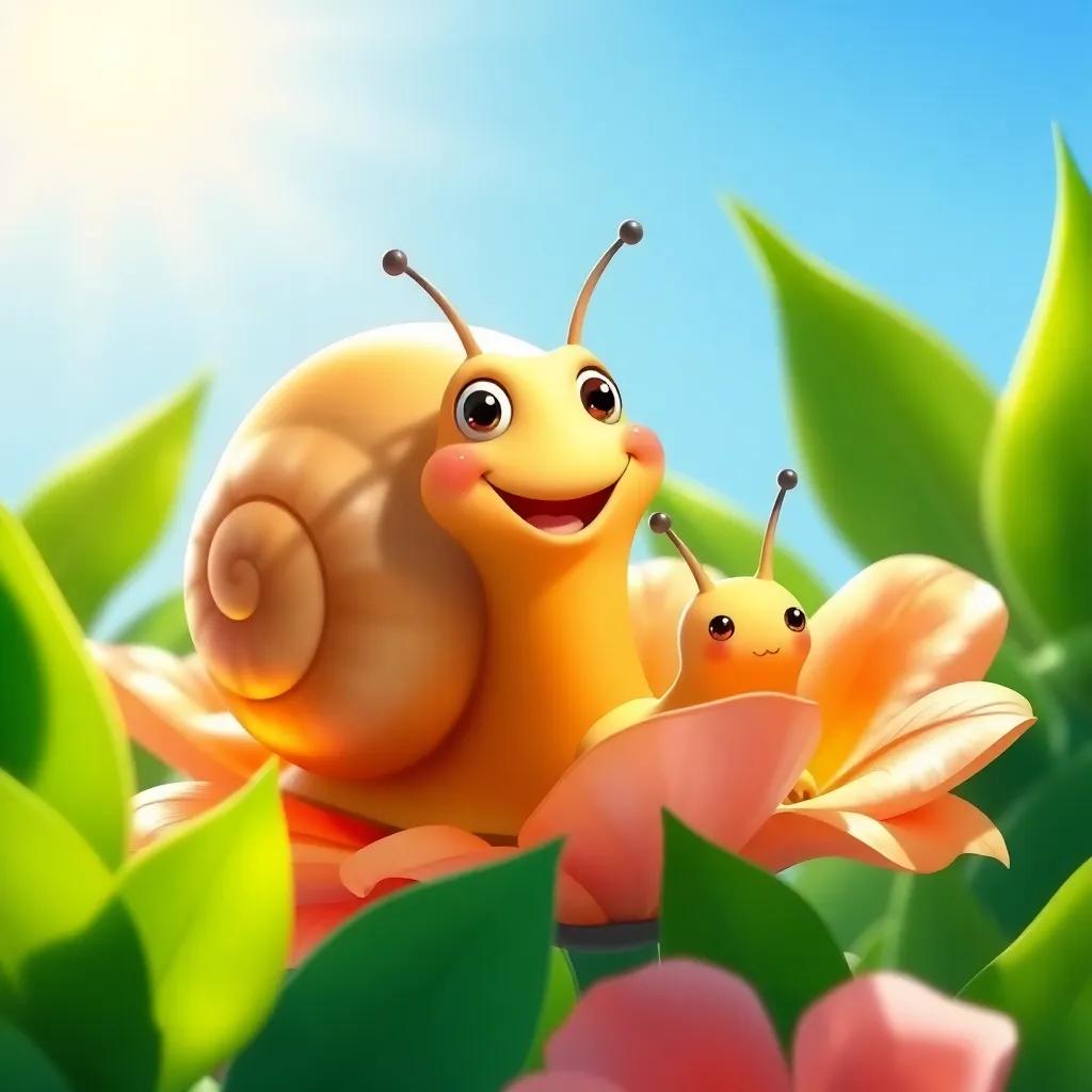 A cheerful snail named Sammy with a shiny shell and a big smile, sitting on a flower under the sun, surrounded by lush green leaves, digital art, vibrant colors, sunny atmosphere, high quality