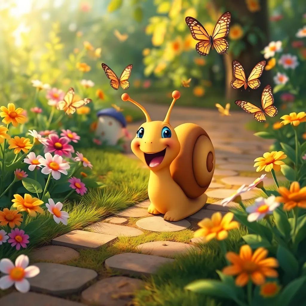 Sammy the snail on a path in a beautiful garden, determined and excited, with butterflies flying around, detailed illustration, cheerful, colorful flowers, warm lighting, high quality