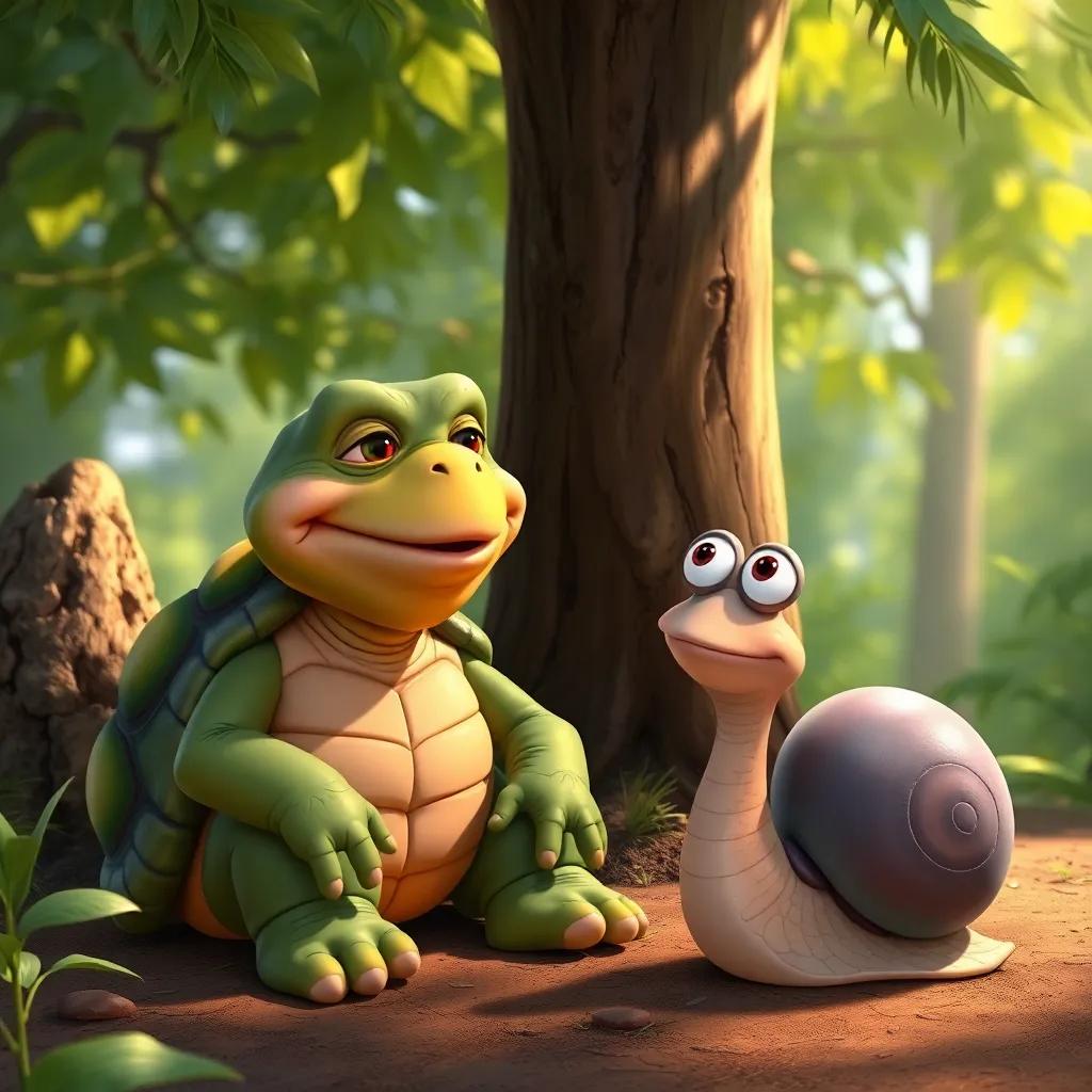 A wise old turtle with a big smile, sitting near a tree, talking to Sammy the snail who looks curious and inspired, detailed scenery with sunlight filtering through leaves, friendly atmosphere, illustration, vibrant colors, high quality