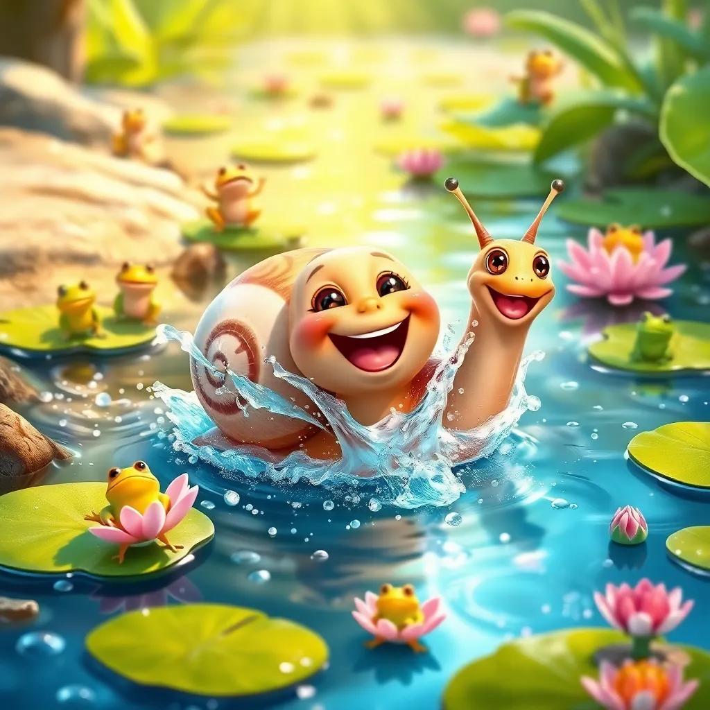 Sammy the snail splashing joyfully in a sparkling stream, surrounded by playful frogs leaping on lily pads, bright natural colors, joyful atmosphere, digital painting, vibrant, high quality