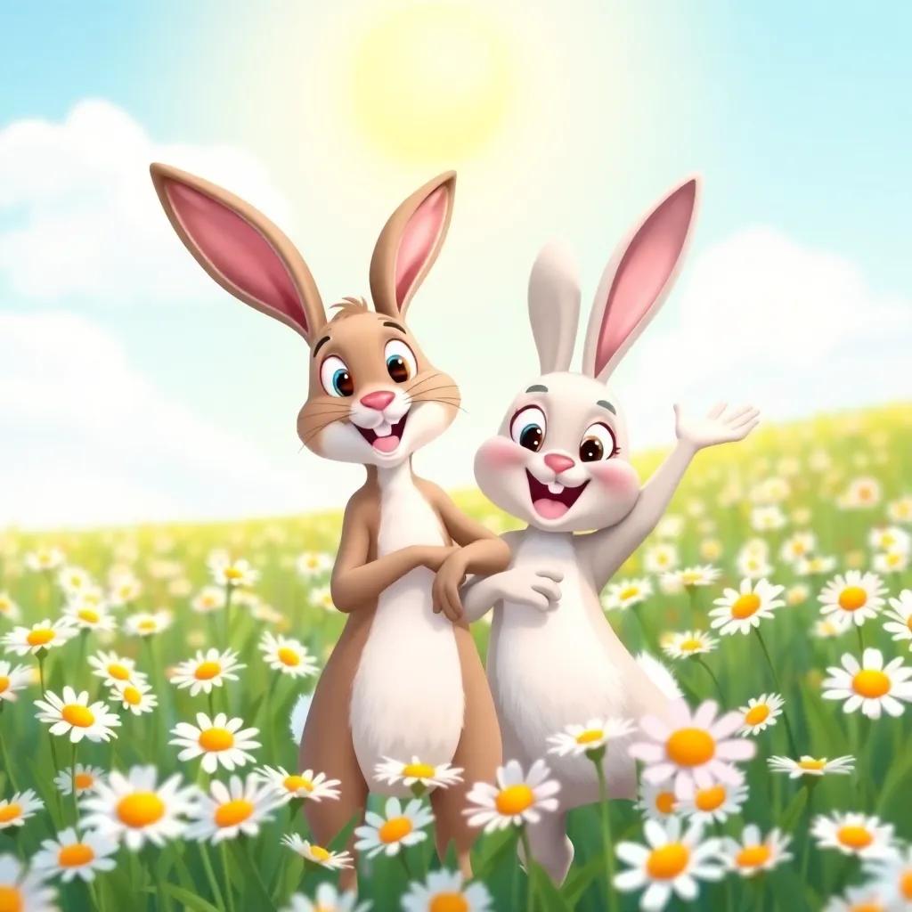 A friendly, fast hare standing beside Sammy, cheering in a field of daisies, with sunny skies above them, colorful and cheerful scene, illustration, bright colors, playful vibe, high quality