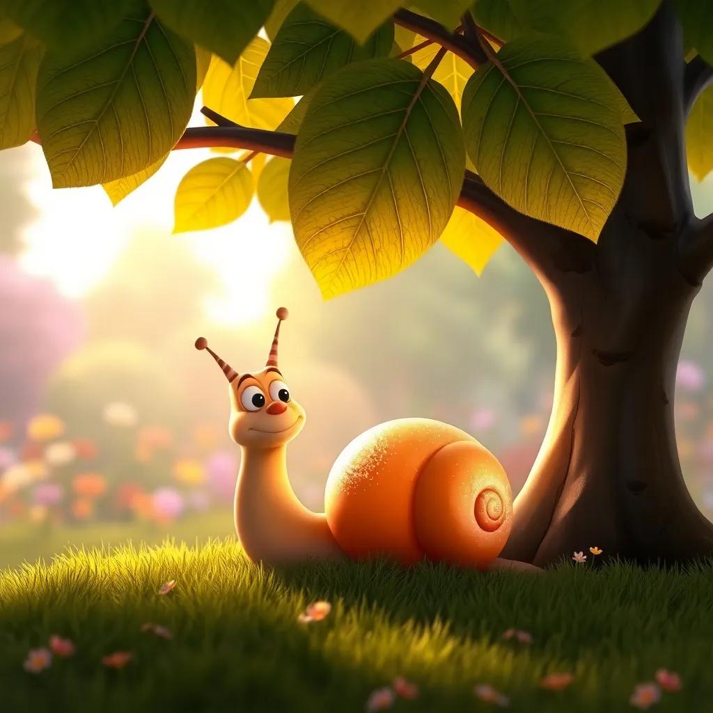 Sammy the snail resting under a big leafy tree, looking thoughtful as he admires the sparkle on his shell, peaceful garden backdrop, digital art, warm colors, tranquil atmosphere, high quality