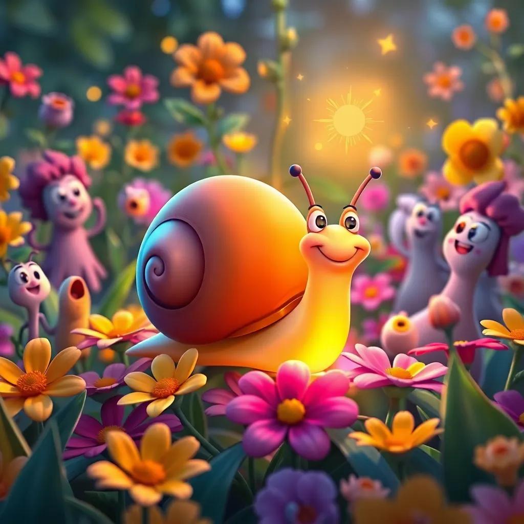 Sammy the snail glowing brightly on colorful flowers, with amazed garden friends around him, creating a magical aura in the scene, vibrant colors, joyful community, illustration, cheerful, high quality