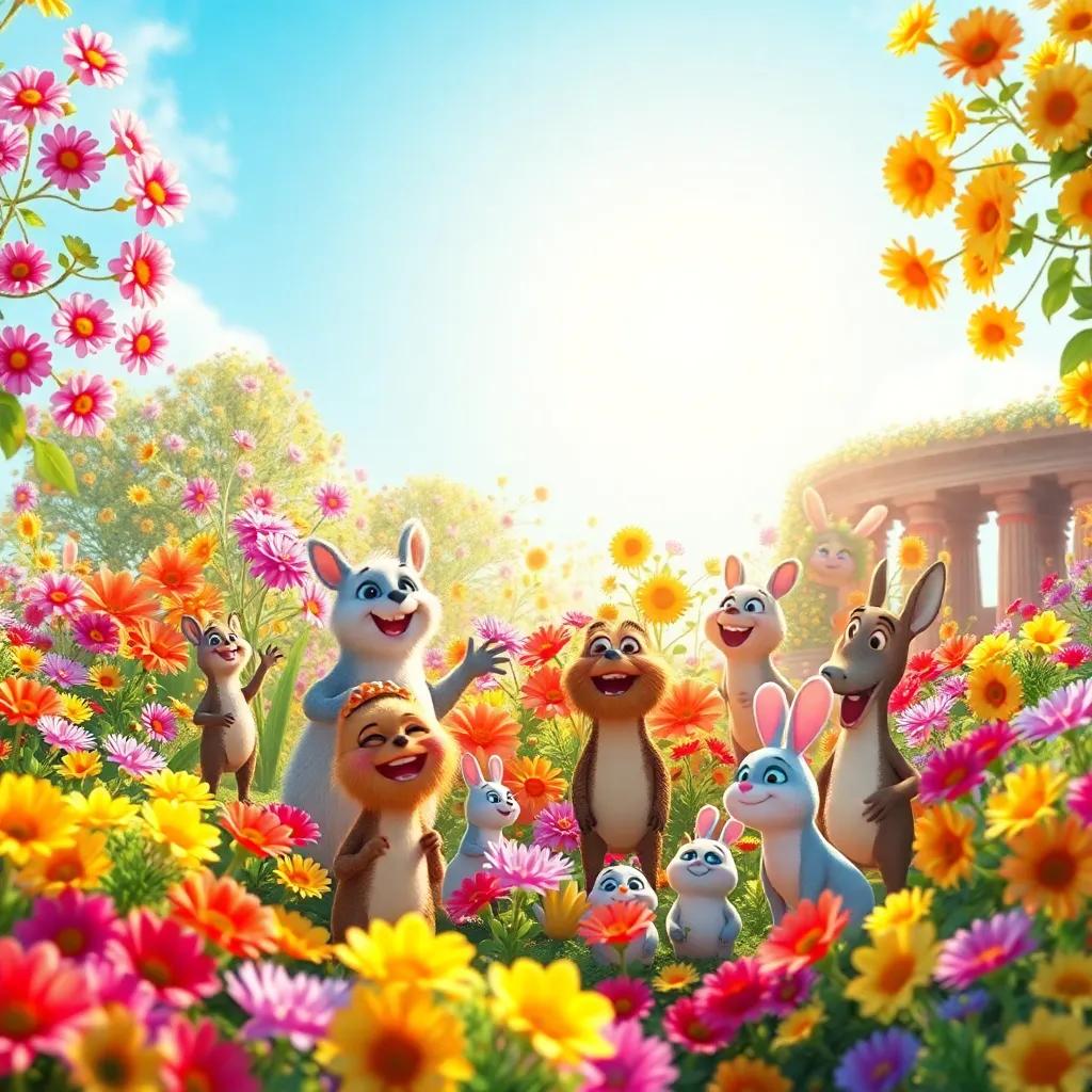 A joyful garden filled with colorful blooms created by Sammy, lots of friendly animals celebrating together, bright sunlight illuminating the scene, digital art, joyful and festive atmosphere, high quality