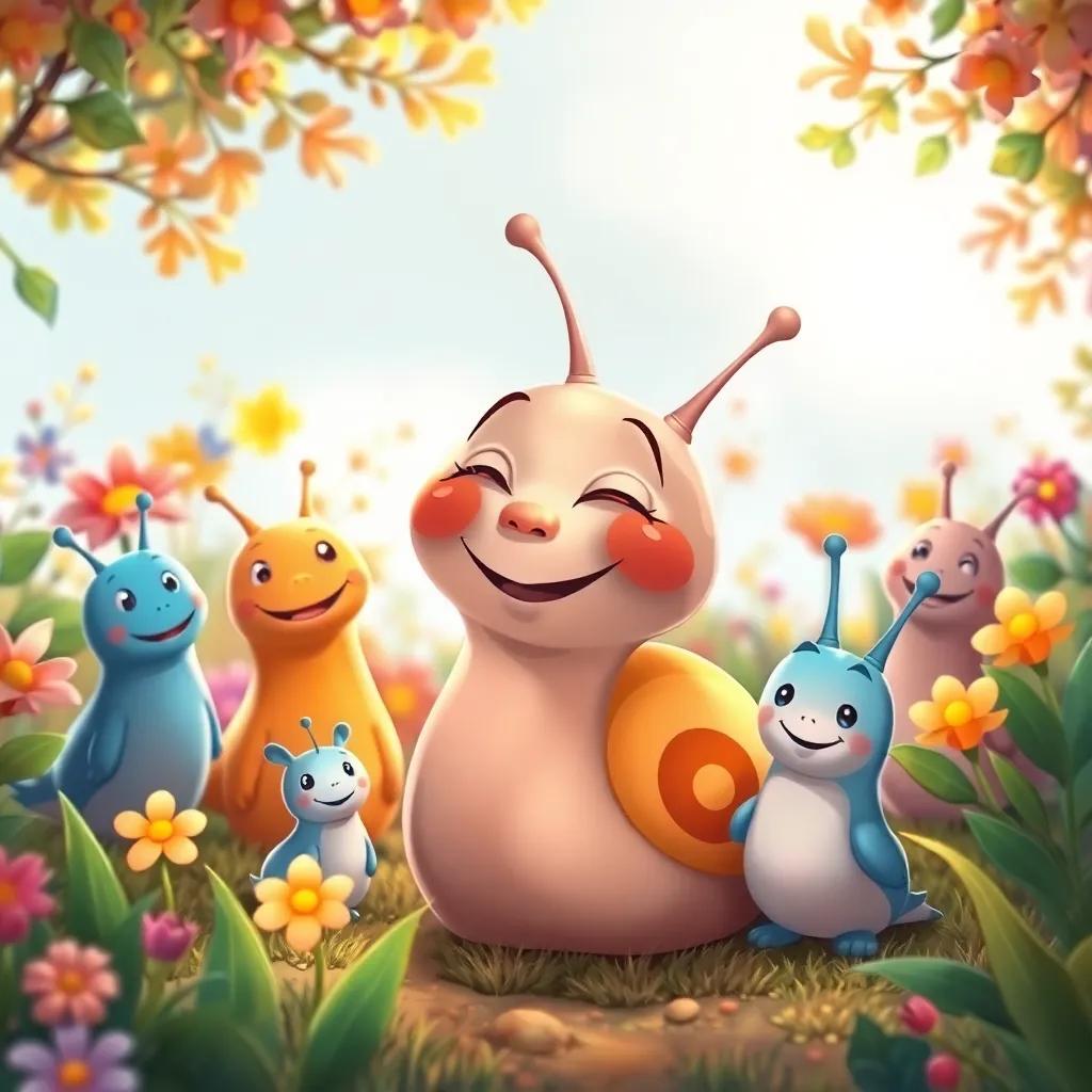 Sammy the snail smiling and surrounded by his friends in the colorful garden, an inspiring scene celebrating uniqueness and happiness, detailed and vibrant illustration, warm colors, uplifting vibe, high quality