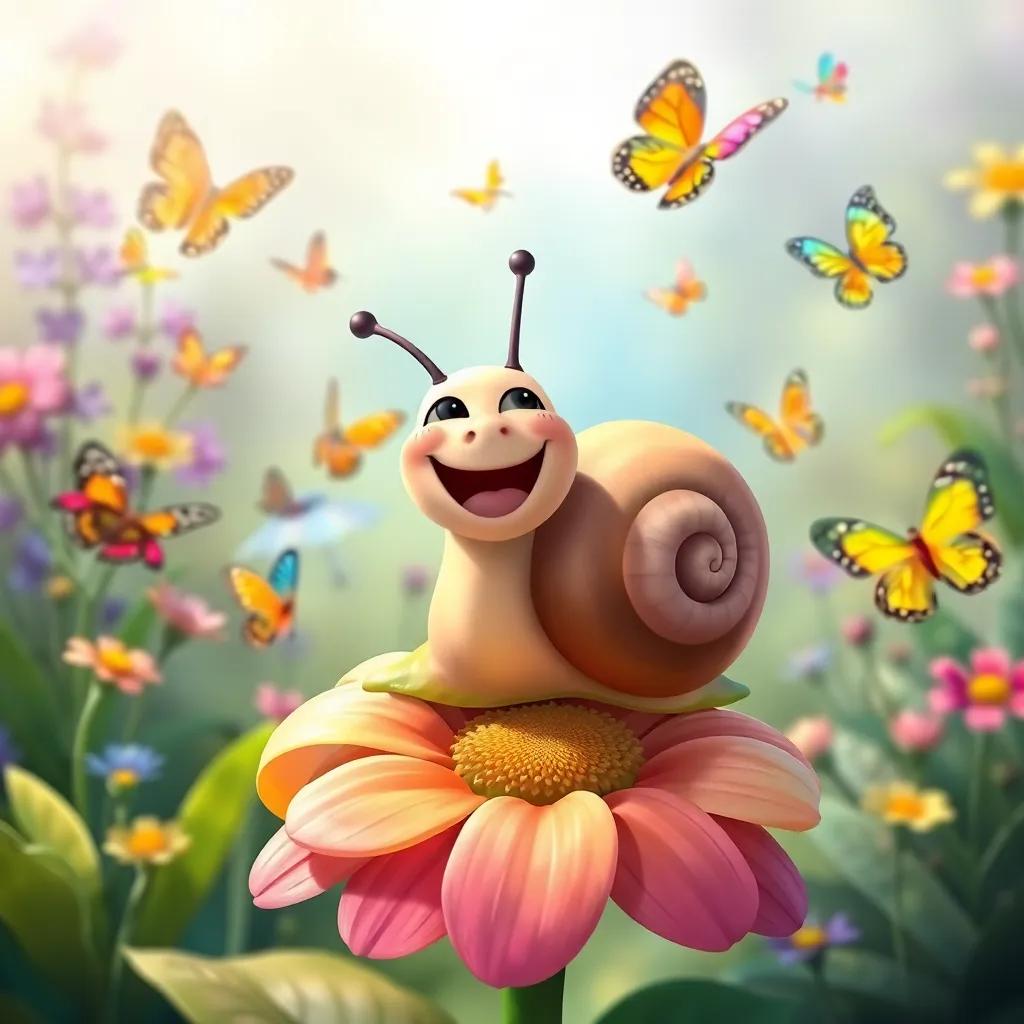 A happy Sammy the snail, with a joyful expression, sitting atop a flower, surrounded by colorful butterflies and friends, cheerful garden scene, bright colors, digital painting, high quality