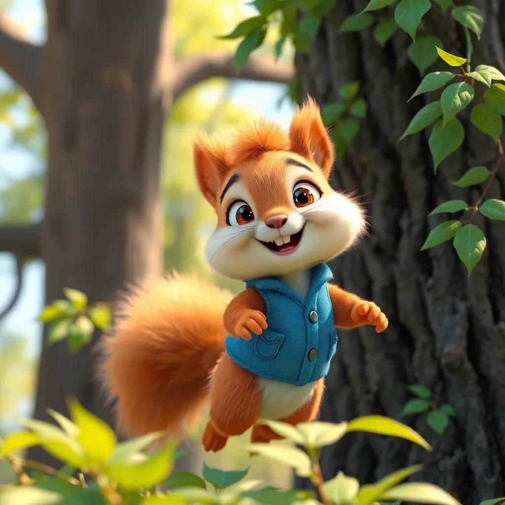 A cheerful squirrel named Sammy with fluffy brown fur, bright eyes, wearing a tiny blue vest, hopping among green leaves of a tall oak tree, digital art, vibrant colors, joyful atmosphere, warm sunlight, high quality