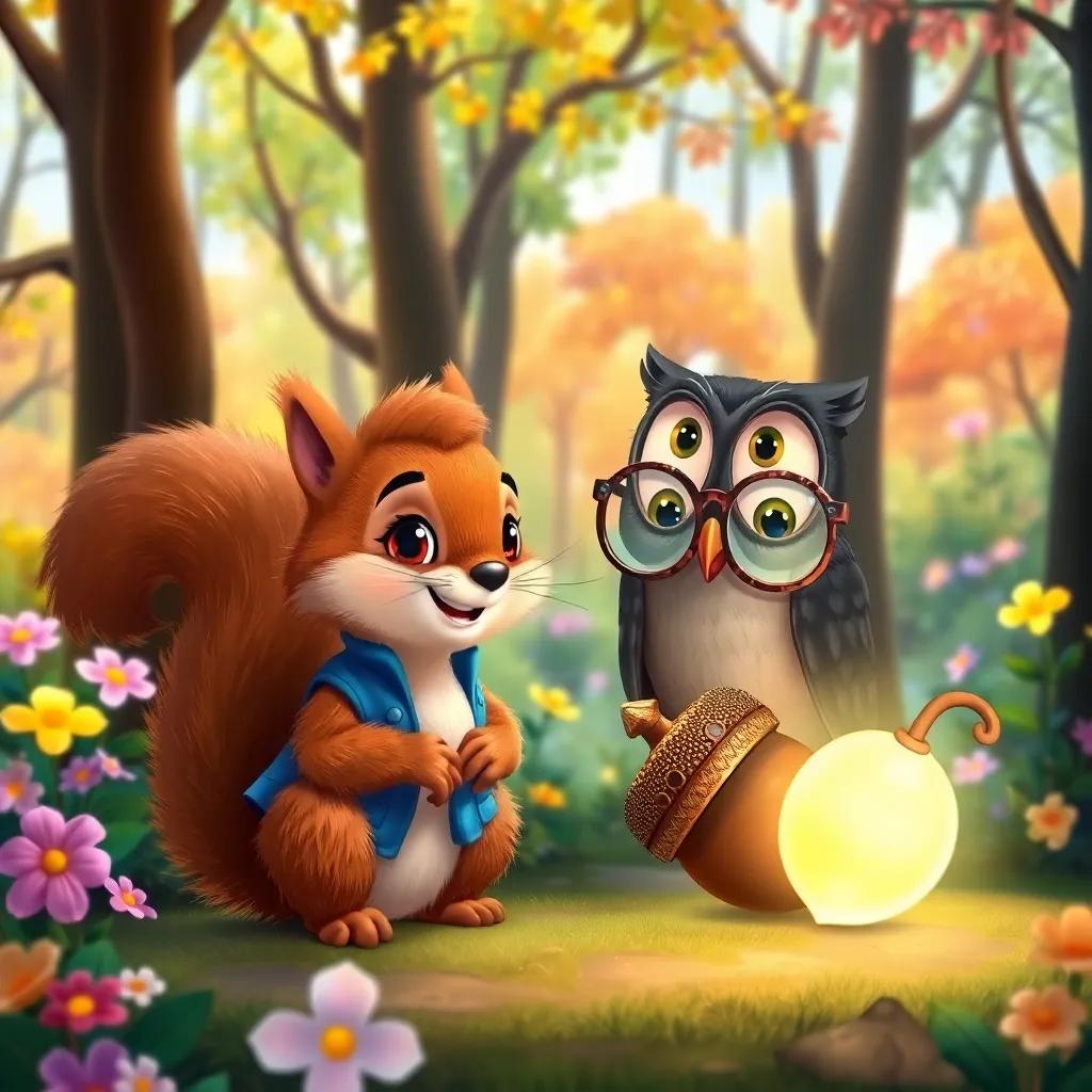 A colorful forest with bright trees and flowers, featuring Sammy the squirrel with fluffy brown fur, wearing a blue vest, talking to a wise owl with big glasses, magical glowing acorn beside them, whimsical illustration, cheerful, enchanting, high quality